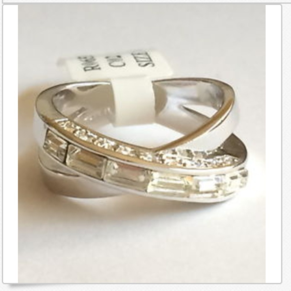 Silver Art Deco Cubic Zirconia Cocktail Ring Size 5 6 10 Rhodium Plated Cross